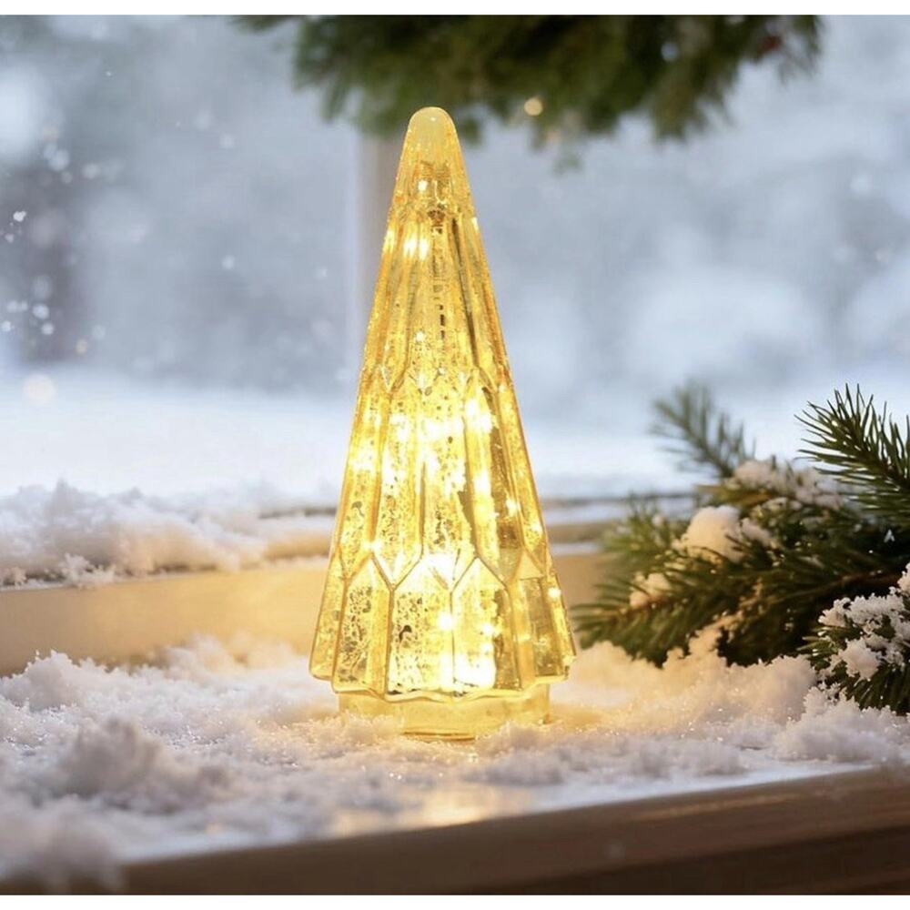Kaowod Crackled Glass Light Up Christmas Tree Table Decor Gold 10”